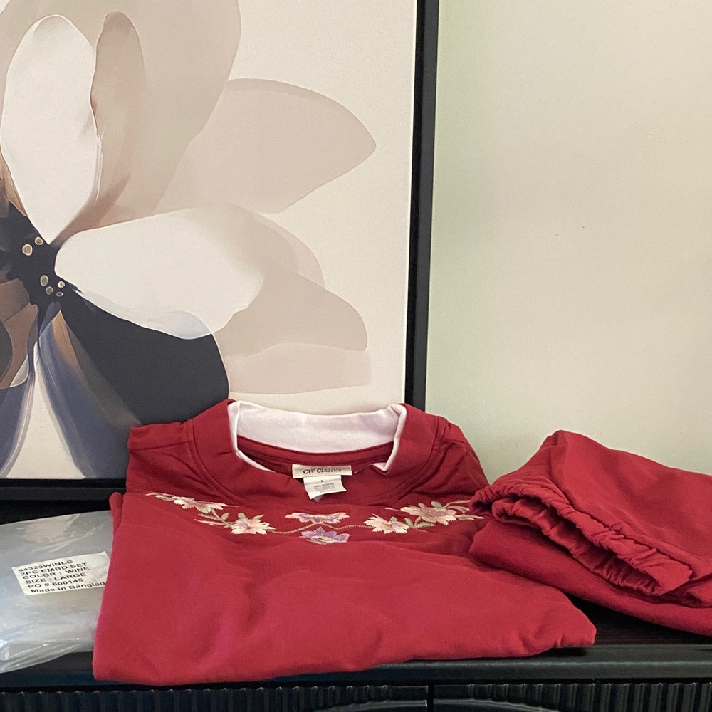 Charming Red Embroidered Sweatshirt with Floral Design and Matching Pants